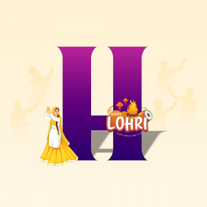 Illustration of the letter 'H' with a woman in traditional attire and Lohri bonfire