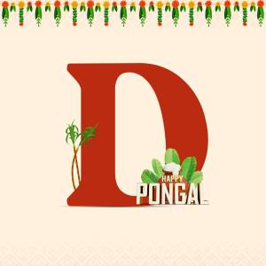 Letter D decorated with Pongal floral elements and text 'Happy Pongal'