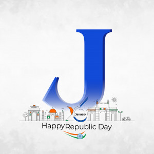 Letter J with Indian landmarks and the Indian flag for Republic Day
