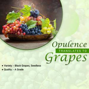 A still life image of various colored grapes in a wooden bowl with text 'Opulence translates to Grapes'