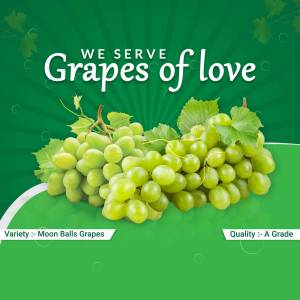 Close-up of fresh green grapes with text 'We Serve Grapes of Love'