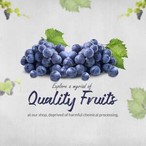 Close-up of purple grapes with text promoting quality fruits