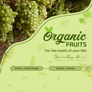 Close-up of fresh green grapes with an organic fruits advertisement.