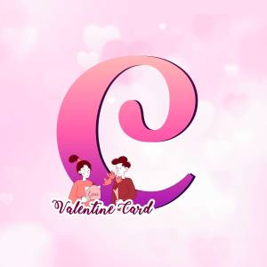 Illustration of the letter 'e' with a couple and hearts, designed as a Valentine's Day card.