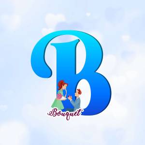 Capital letter B with a couple proposing and the word 'Bouquet' inside