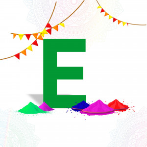 Letter E with Holi colors and decorations