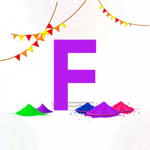 Letter F with Holi color powder and decorations