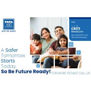 Image of a happy family with Tata AIG CritiCare insurance advertisement.