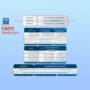 Image showcasing the benefits and sections of the Tata AIG CritiMedicare Critical Illness Insurance Plan.