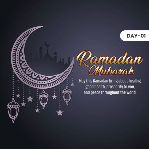 Ramadan Mubarak greeting card with crescent moon and mosque silhouette