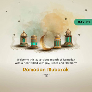 Ramadan Mubarak greeting with lanterns and crescent moon