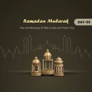 Ramadan Mubarak greeting with mosque skyline and lanterns