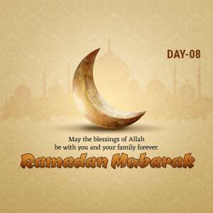 Ramadan Mubarak with crescent moon and mosque background