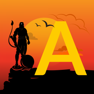 Silhouette of Hanuman with a large yellow letter A against a sunset background