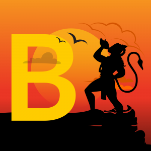Illustration of Hanuman with a large 'B' letter in the background