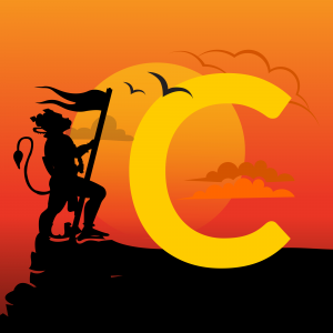 Silhouette of Hanuman with a flag and a large letter C against a sunset background.