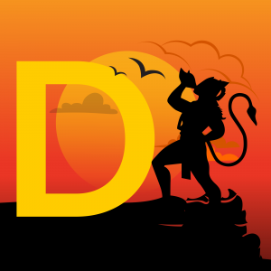 Silhouette of Hanuman with a large 'D' in the background against a sunset