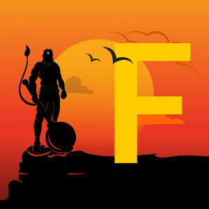 Silhouette of Hanuman with a large yellow letter F against a sunset background