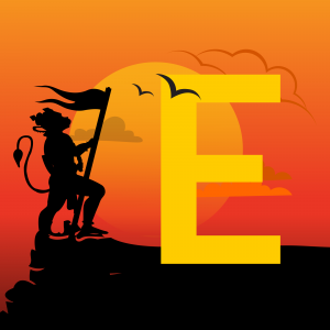 Silhouette of Hanuman holding a flag with the letter E in the background