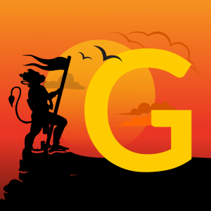 Silhouette of Hanuman holding a flag with a large yellow letter G in the background.