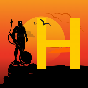 Silhouette of Hanuman standing on a rock with a large yellow letter H in the background