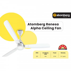 Atomberg Renesa Alpha Ceiling Fan with yellow background