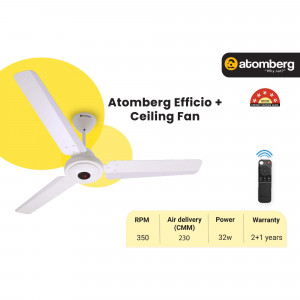 Atomberg Efficio+ ceiling fan with remote control on a yellow background