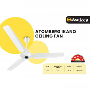 Atomberg Ikano ceiling fan with yellow background and specifications