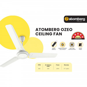 Atomberg Ozeo white ceiling fan with yellow background