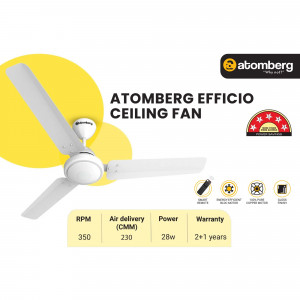 White Atomberg Efficio ceiling fan against a yellow background with product specifications.
