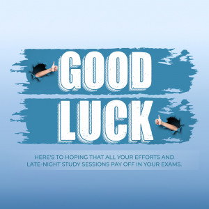 Image with the words 'Good Luck' and hands giving thumbs up through a blue brushstroke background.