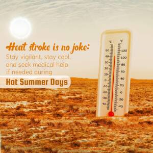Image depicting a thermometer in a hot desert landscape with text about heat stroke.