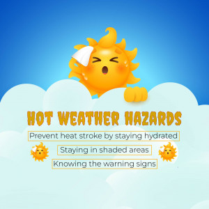 Illustration of a sun with a thermometer in its mouth, warning about hot weather hazards.
