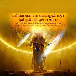 A digital artwork depicting a golden deity with glowing energy and Hindi text.