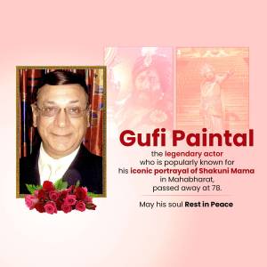 Portrait of Gufi Paintal with a tribute message