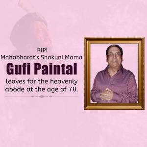 Portrait of Gufi Paintal with a RIP message