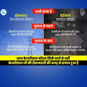Political advertisement comparing electricity promises made by AAP in Delhi and Congress in Karnataka.