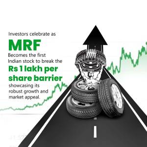 MRF tire stack with upward trending graph representing stock price increase