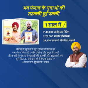 Image showcasing Punjab government's youth empowerment program with Chief Minister Bhagwant Mann and successful candidates.