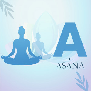 Silhouette of a woman in a lotus position with the letter 'A' and the word 'Asana'