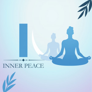 Silhouette of a woman meditating in a lotus position with a crescent moon and abstract shapes.