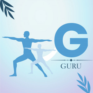 Silhouette of a person in a yoga pose with the letter G and the word Guru.