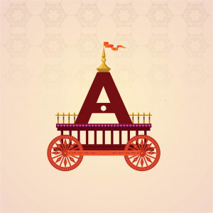 Stylized illustration of the letter A designed as a vintage royal carriage with wheels and a flag.