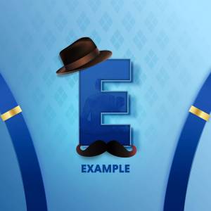 Stylized letter E with a mustache, hat, and suspenders