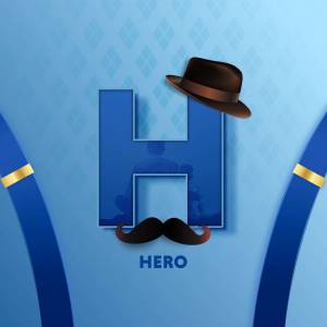 Letter H with mustache and hat, representing a hero concept
