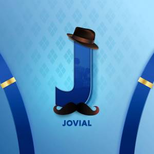 Letter J with a hat and mustache, representing the word Jovial