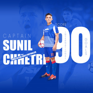 Sunil Chhetri celebrating 90 international goals in a promotional image