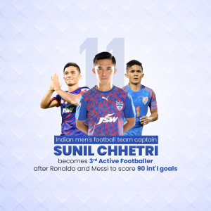 Image of Sunil Chhetri, captain of the Indian Men's Football Team, celebrating his achievement of scoring 90 international goals.