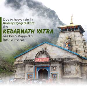 Kedarnath Temple covered in mist with a notice about Yatra suspension