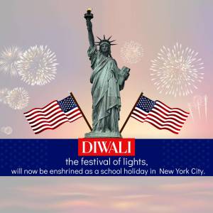 Statue of Liberty with fireworks and American flags celebrating Diwali